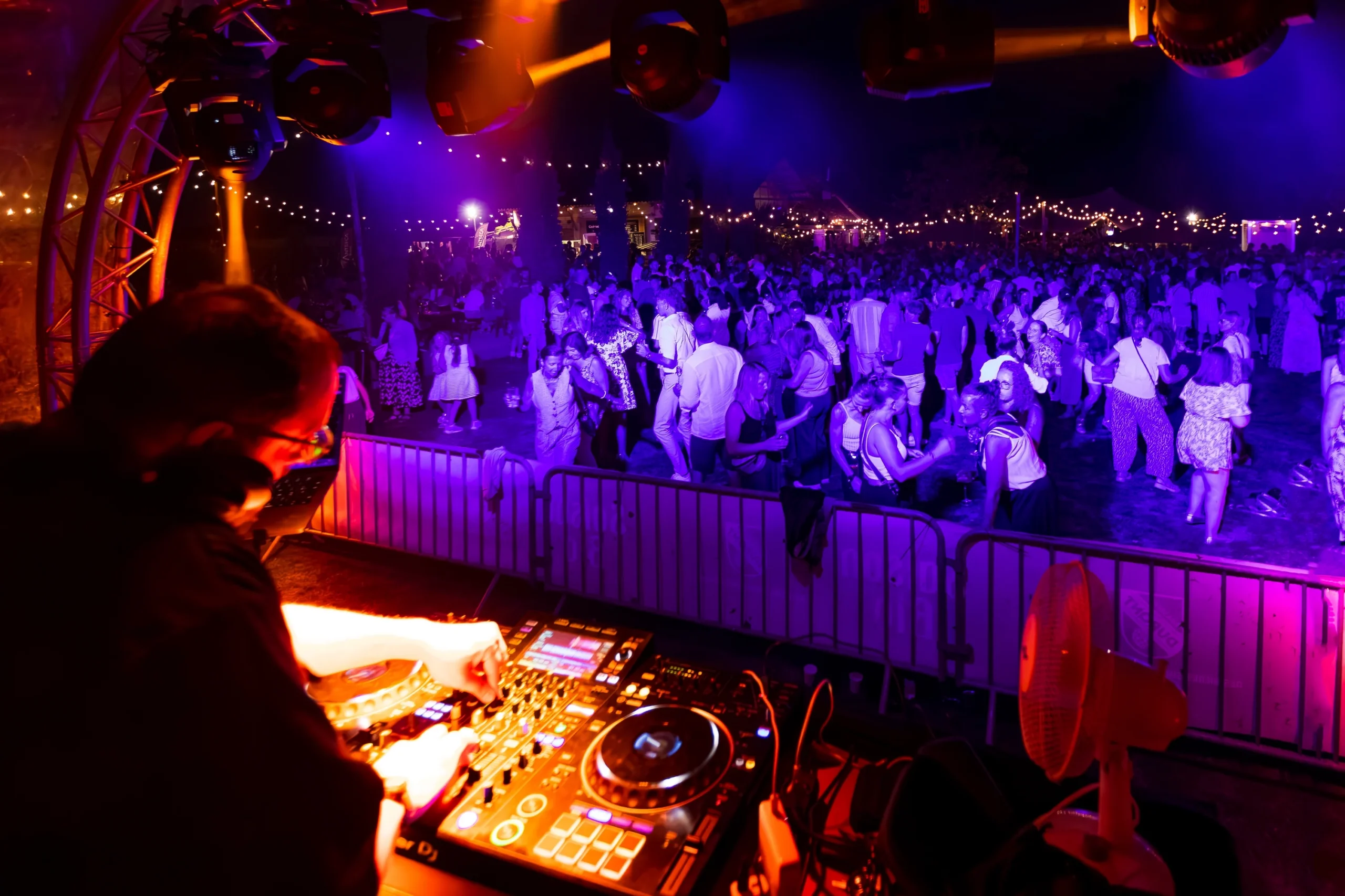 DJ Teddy D performing in front of a lively crowd with warm concert lighting