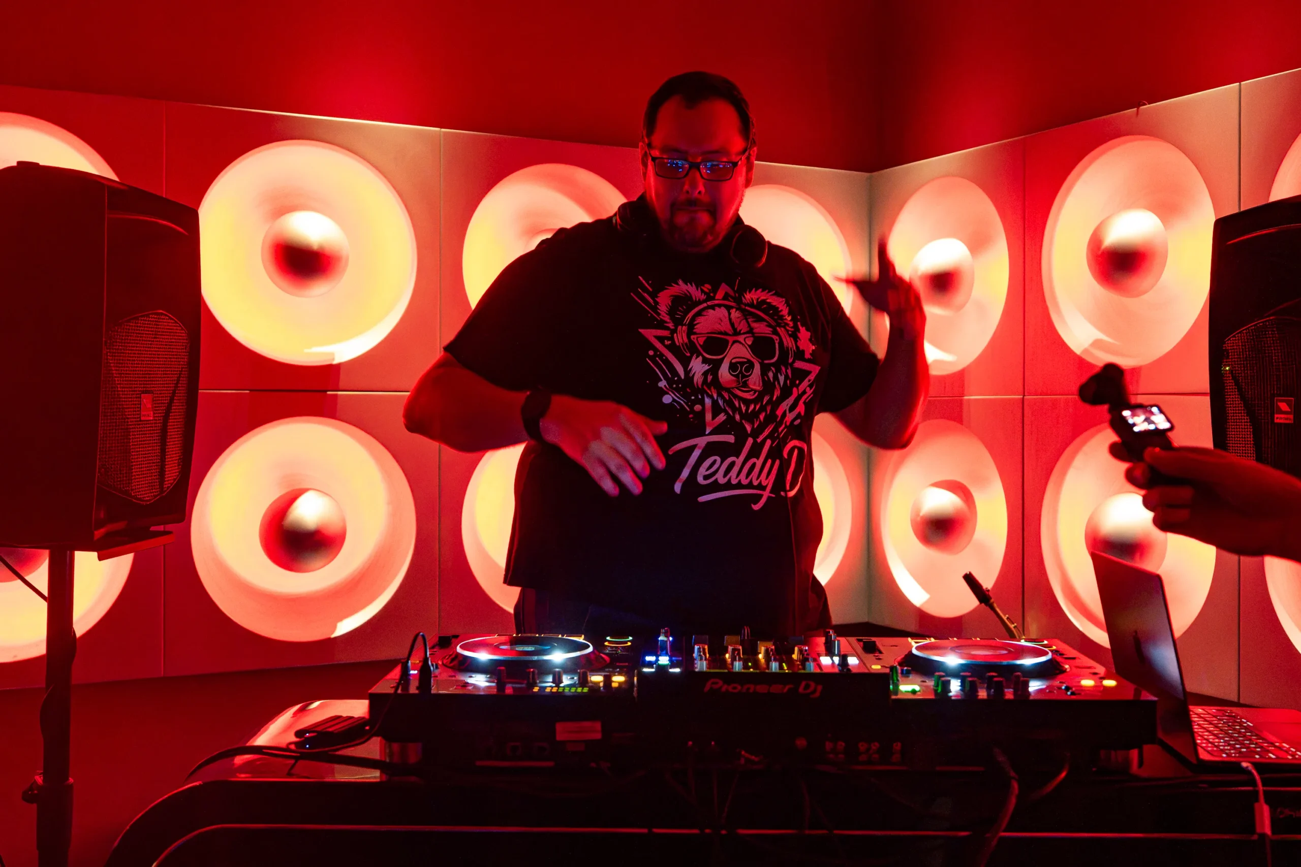 Atmospheric live set of DJ Teddy D with crowd silhouettes and stage lights